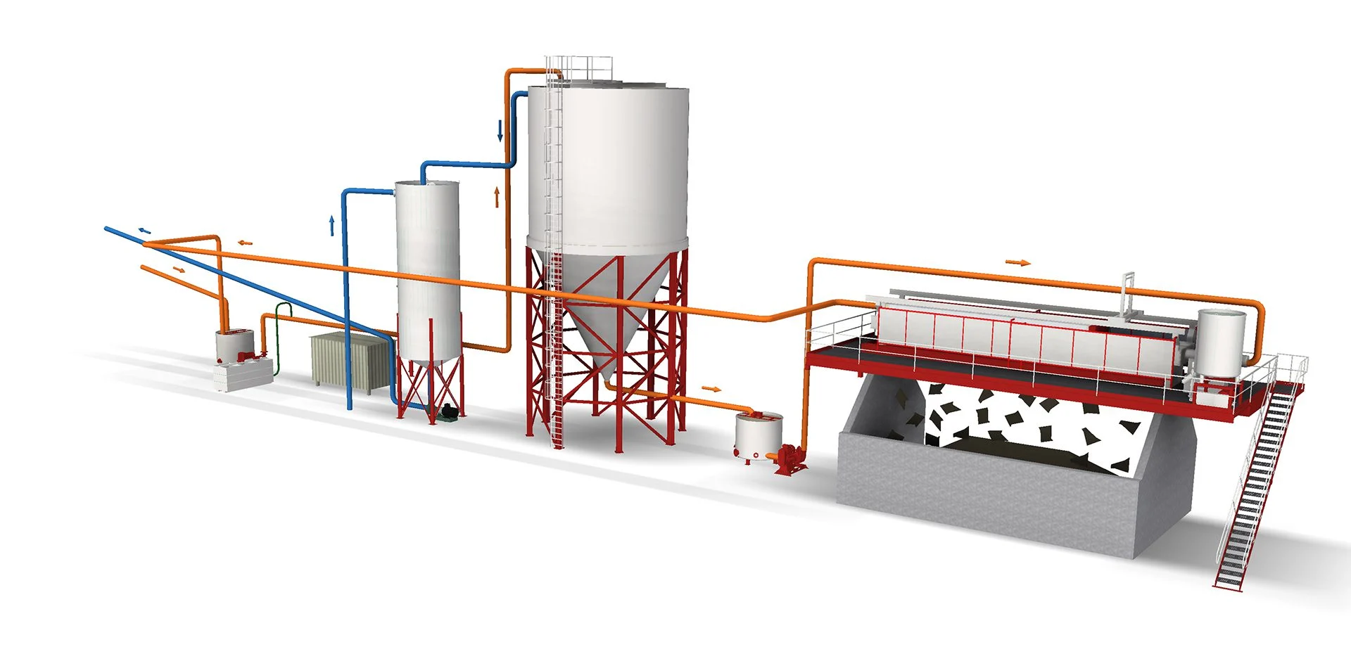 GIPOWATER water and sludge treatment system with tanks, pipelines, clarification tower and filter press.