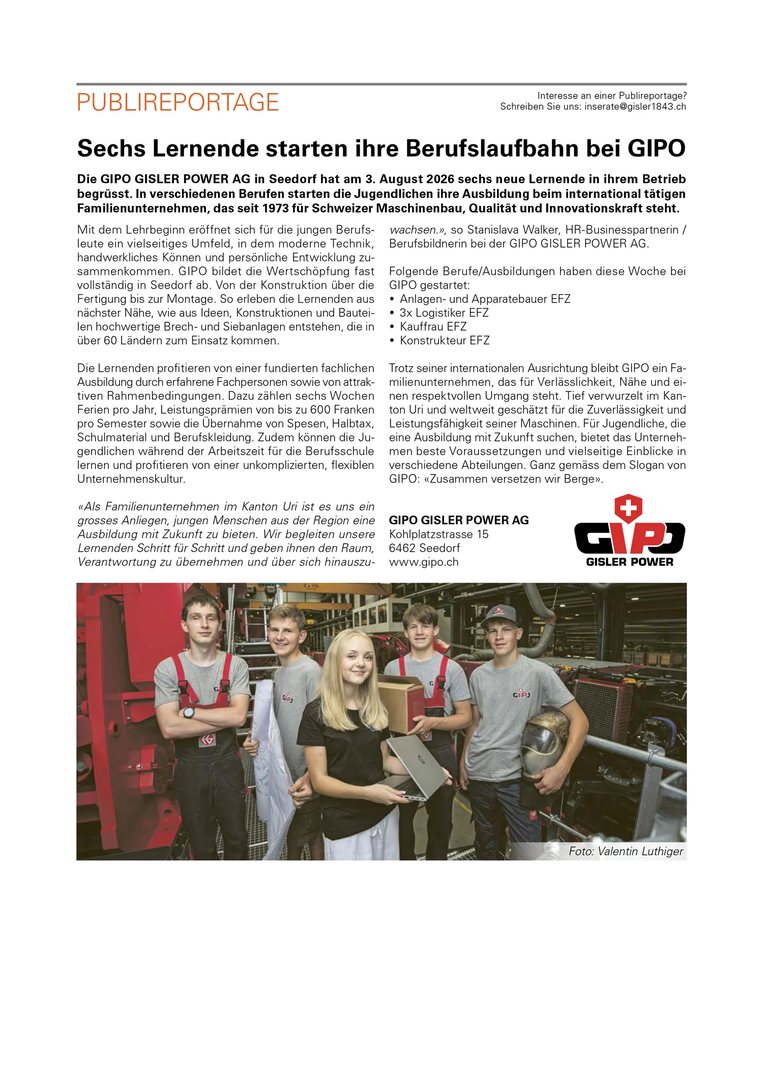 Titelblatt Presse Urner Wochenblatt Neue Lernende